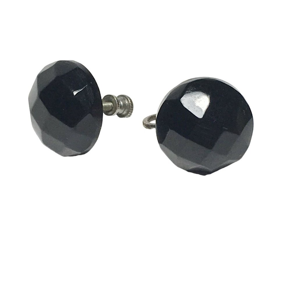 Vintage Black Faceted Screw-Back Button Stud Earrings Retro